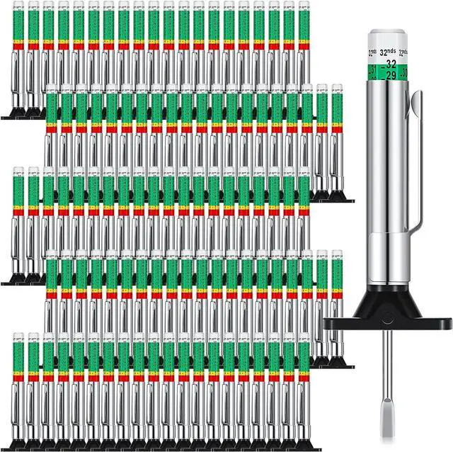 Main image of Tire Tread Depth Gauge Tool Color Coded Green, 100 Pieces | 32nds Accurate Measurement for Vehicle Safety, Bulk for Auto Shops Fleet, Metal Probe Pen Design, Red Green Indicator
