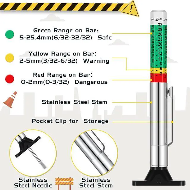 Alt view image 3 of 7 - Tire Tread Depth Gauge Tool Color Coded Green, 100 Pieces | 32nds Accurate Measurement for Vehicle Safety, Bulk for Auto Shops Fleet, Metal Probe Pen Design, Red Green Indicator