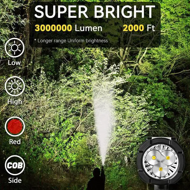 Alt view image 2 of 6 - Rechargeable Spotlight Flashlight, Super Bright 3 LED 3000000 Lumen Long Lasting Handheld Spot Light Spotlight for Hunting Boating Camping