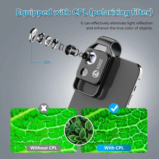Alt view image 3 of 7 - 200X Phone Microscope Lens with LED Light & CPL Universal Clip Nanozoom Mini Pocket Digital Microscope, Portable Smartphone Macro Lens for iPhone & Android
