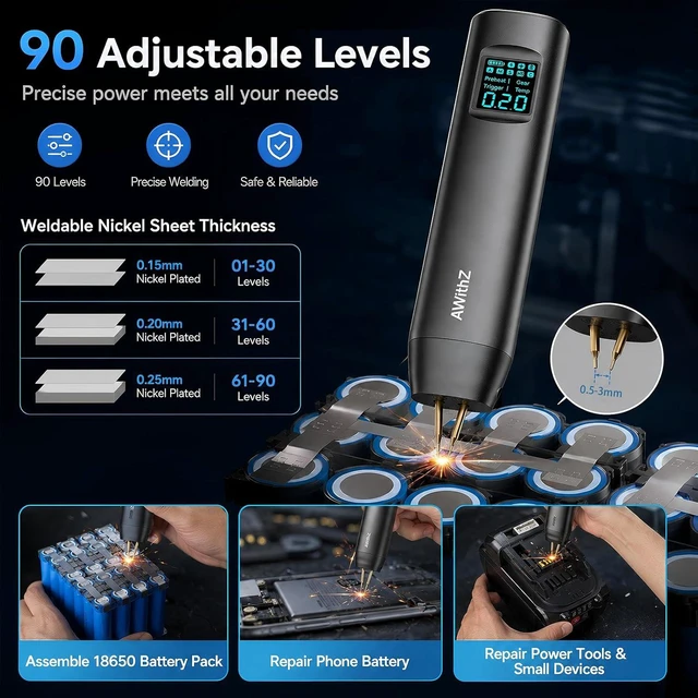 Alt view image 2 of 7 - 18650 Battery Spot Welder with 1.5" Digital Display & 90 Power Levels Auto/Manual Dual Pulse, Professional DIY Tool for Lithium Batteries, Battery Packs & Solar Projects