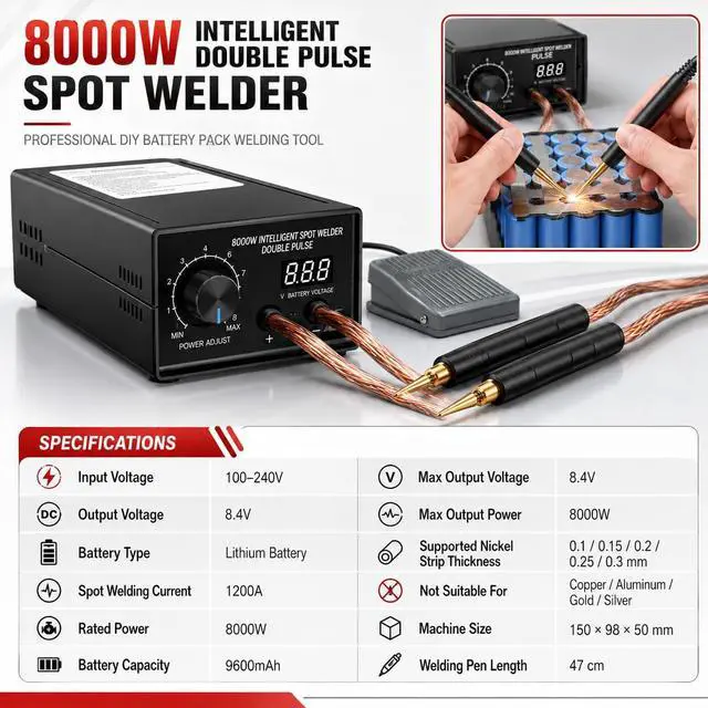 Alt view image 4 of 7 - 8000W Spot Welder,Handheld Spot Welder,Portable Spot Welder Machine DIY Kit,High Power Handheld Spot Welding Machine,with nickel strip and spot welding pen,for 18650 Battery Pack Welding Tools