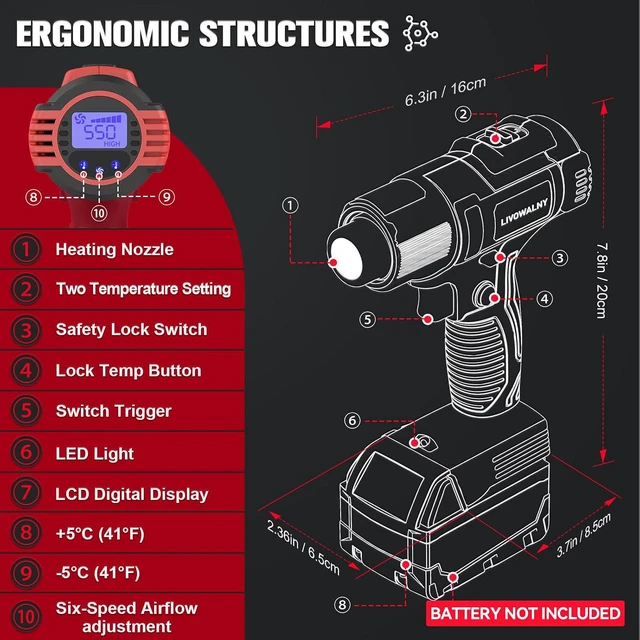 Alt view image 2 of 7 - Cordless Heat Gun for Milwaukee 18V Battery (Tool Only) 350W, 122~1202 (50-550) Variable Temperature Control, LCD Digital Display for Shrink Tubing & Crafts