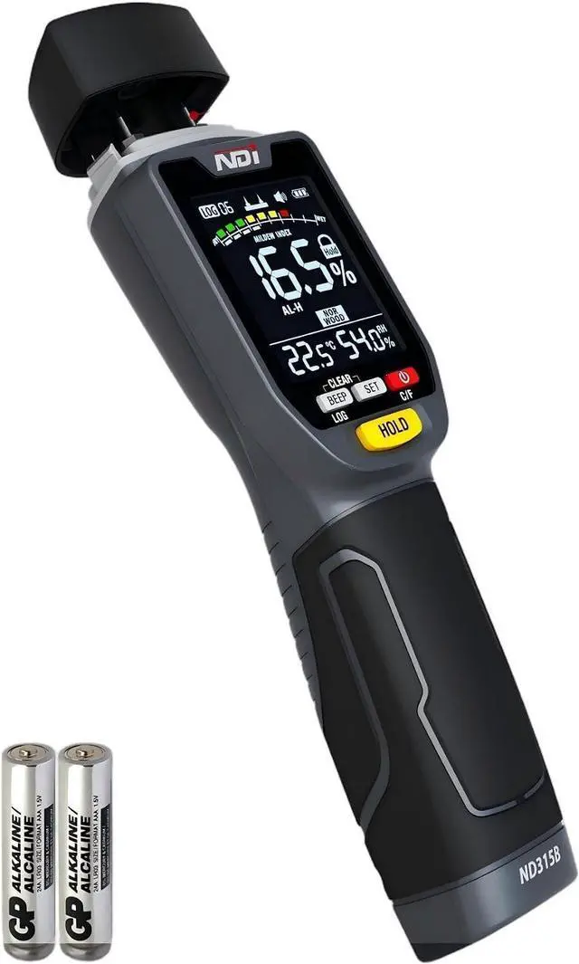 Main image of ND315B Pin-Type Moisture Meter for Wood & Building Materials, 5-50% Range, with Temperature/Humidity Sensor, Moisture Cotion Icator, Data Logging, Backlit LCD, Portable Moisture Detector