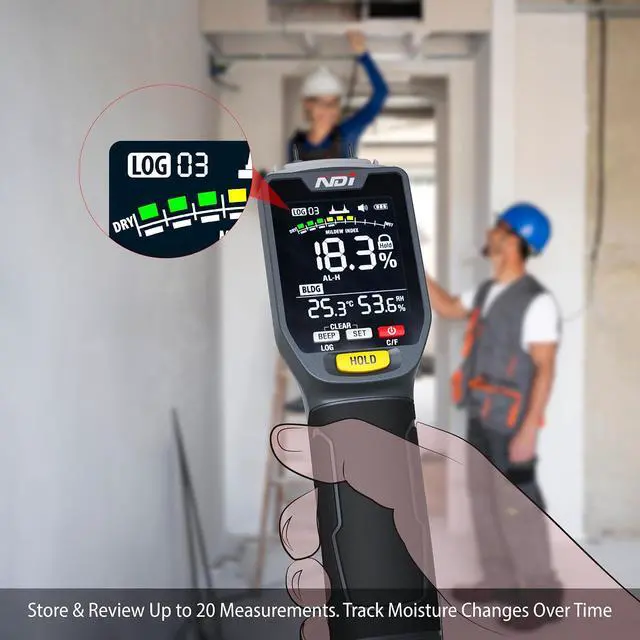 Alt view image 2 of 7 - ND315B Pin-Type Moisture Meter for Wood & Building Materials, 5-50% Range, with Temperature/Humidity Sensor, Moisture Cotion Icator, Data Logging, Backlit LCD, Portable Moisture Detector