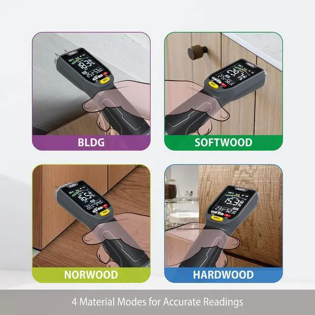 Alt view image 4 of 7 - ND315B Pin-Type Moisture Meter for Wood & Building Materials, 5-50% Range, with Temperature/Humidity Sensor, Moisture Cotion Icator, Data Logging, Backlit LCD, Portable Moisture Detector