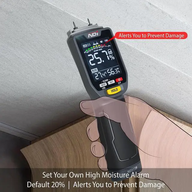 Alt view image 5 of 7 - ND315B Pin-Type Moisture Meter for Wood & Building Materials, 5-50% Range, with Temperature/Humidity Sensor, Moisture Cotion Icator, Data Logging, Backlit LCD, Portable Moisture Detector