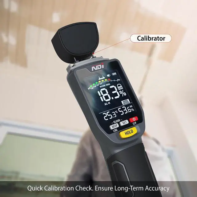 Alt view image 6 of 7 - ND315B Pin-Type Moisture Meter for Wood & Building Materials, 5-50% Range, with Temperature/Humidity Sensor, Moisture Cotion Icator, Data Logging, Backlit LCD, Portable Moisture Detector
