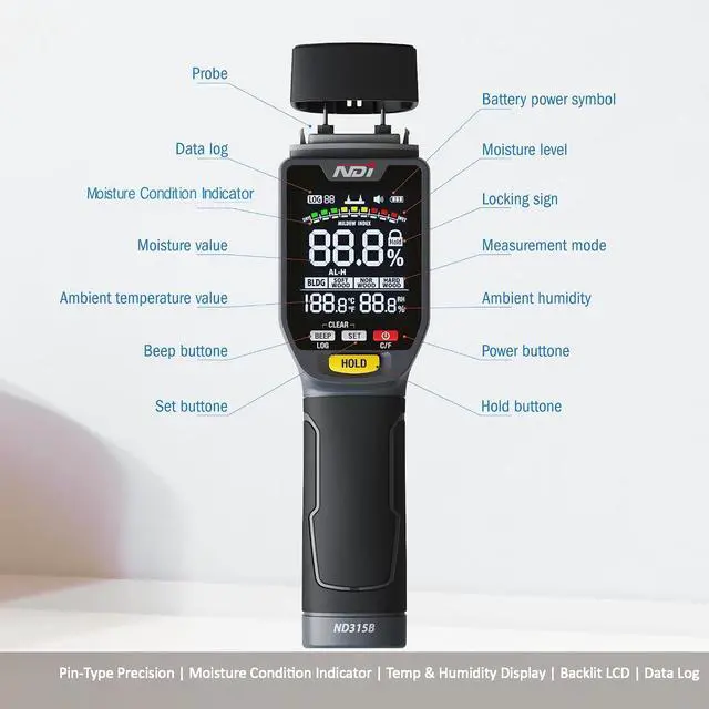 Alt view image 7 of 7 - ND315B Pin-Type Moisture Meter for Wood & Building Materials, 5-50% Range, with Temperature/Humidity Sensor, Moisture Cotion Icator, Data Logging, Backlit LCD, Portable Moisture Detector