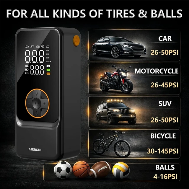 Alt view image 7 of 7 - 150PSI Portable Air Compressor Tire Inflator with 6000mAh Battery & 12V DC Rapid Inflation for Cars, Bicycles, Motorcycles & Ball Sports, Makes a Great Gift