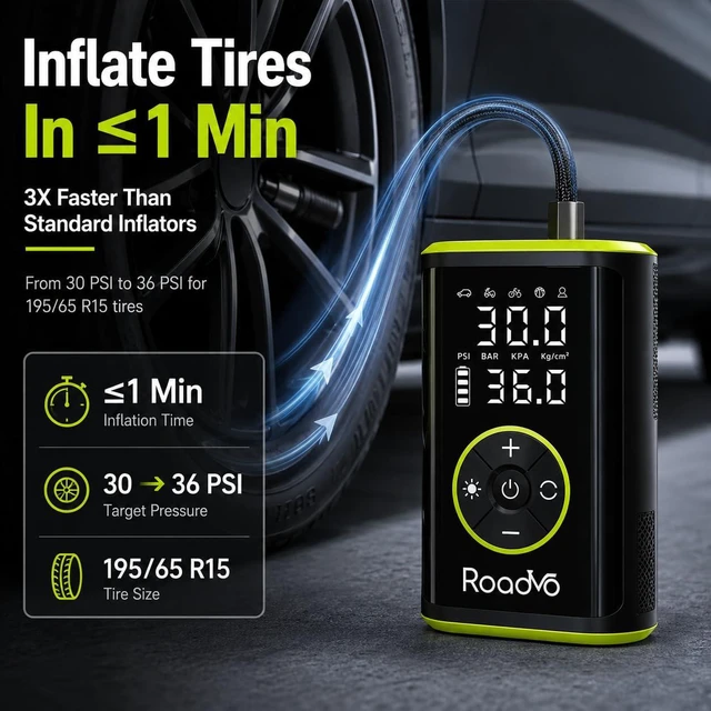 Alt view image 2 of 7 - 10000mAh Portable Tire Inflator Air Compressor (150PSI) 3X Faster Cordless, Presta & Schrader Valves, Auto Shut-Off & LED for Car, Motorcycle, Bike & Ball