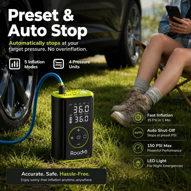 Alt view image 3 of 7 - 10000mAh Portable Tire Inflator Air Compressor (150PSI) 3X Faster Cordless, Presta & Schrader Valves, Auto Shut-Off & LED for Car, Motorcycle, Bike & Ball