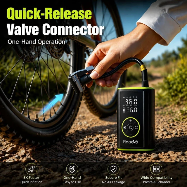 Alt view image 7 of 7 - 10000mAh Portable Tire Inflator Air Compressor (150PSI) 3X Faster Cordless, Presta & Schrader Valves, Auto Shut-Off & LED for Car, Motorcycle, Bike & Ball