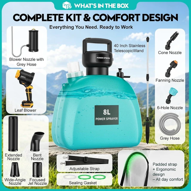 Alt view image 3 of 7 - 2-in-1 Cordless Backpack Sprayer, 2.1Gal/8L Electric Sprayer with Brushless Leaf Blower Included Compatible for DeWalt 20V BatteryNOT Included, 26FT High Reach Atomizer for Lawn Care