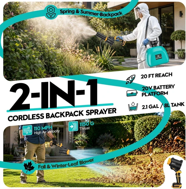 Alt view image 5 of 7 - 2-in-1 Cordless Backpack Sprayer, 2.1Gal/8L Electric Sprayer with Brushless Leaf Blower Included Compatible for DeWalt 20V BatteryNOT Included, 26FT High Reach Atomizer for Lawn Care