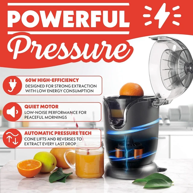 Alt view image 4 of 7 - Automatic Citrus Juicer with 17 oz Capacity & One-Touch Operation Universal Cone, Anti-Drip Spout, Dishwasher-Safe Parts, Compact Quiet 60W Motor