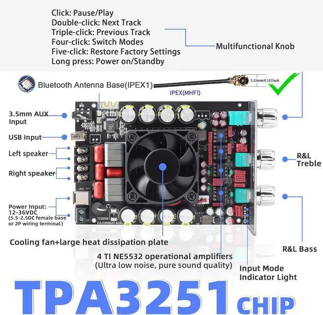 Alt view image 2 of 6 - 440W Audio Amplifier Board with Treble and Bass Control, TPA3251 Chips, DC 12-36V, Bluetooth 5.2 and AUX Inputs, 2.0 Channel Stereo AMP Board for DIY Wireless Speakers