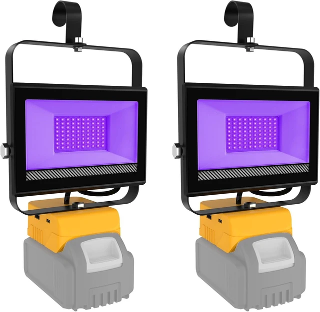 Main image of Portable Cordless LED Black Light for Dewalt 20V Battery 395nm Ultraviolet Flood Light with 140° Adjustable, USB & Type-C Port for Glow Party Stage (2 Pack)