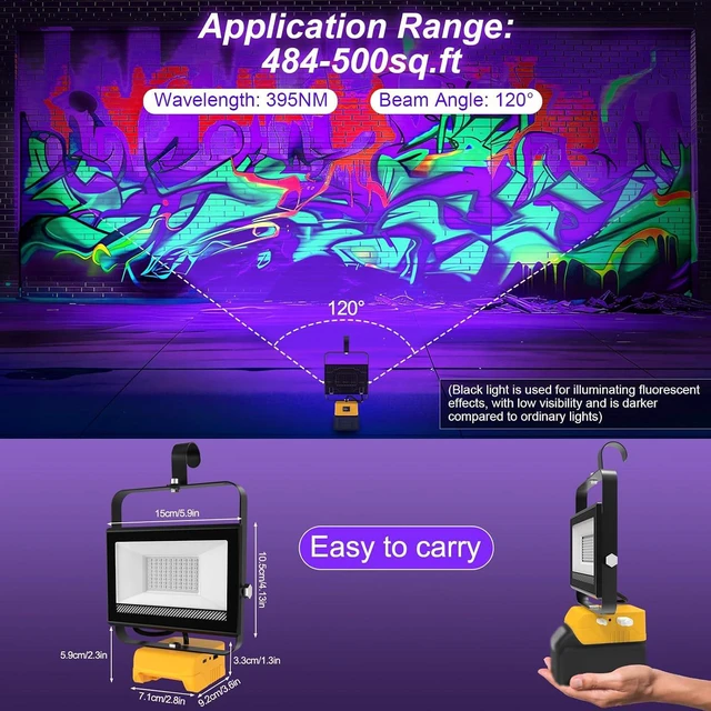 Alt view image 2 of 7 - Portable Cordless LED Black Light for Dewalt 20V Battery 395nm Ultraviolet Flood Light with 140° Adjustable, USB & Type-C Port for Glow Party Stage (2 Pack)