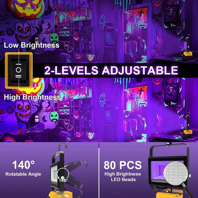 Alt view image 3 of 7 - Portable Cordless LED Black Light for Dewalt 20V Battery 395nm Ultraviolet Flood Light with 140° Adjustable, USB & Type-C Port for Glow Party Stage (2 Pack)