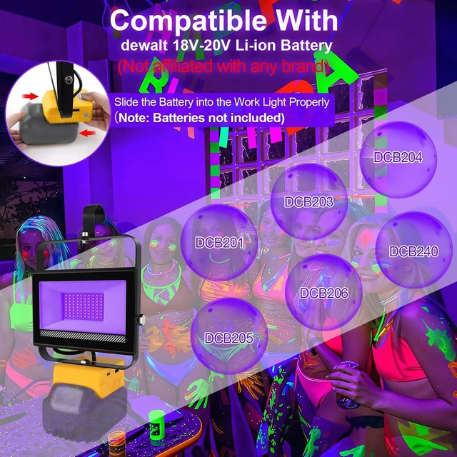 Alt view image 5 of 7 - Portable Cordless LED Black Light for Dewalt 20V Battery 395nm Ultraviolet Flood Light with 140° Adjustable, USB & Type-C Port for Glow Party Stage (2 Pack)