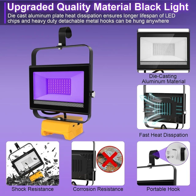Alt view image 6 of 7 - Portable Cordless LED Black Light for Dewalt 20V Battery 395nm Ultraviolet Flood Light with 140° Adjustable, USB & Type-C Port for Glow Party Stage (2 Pack)