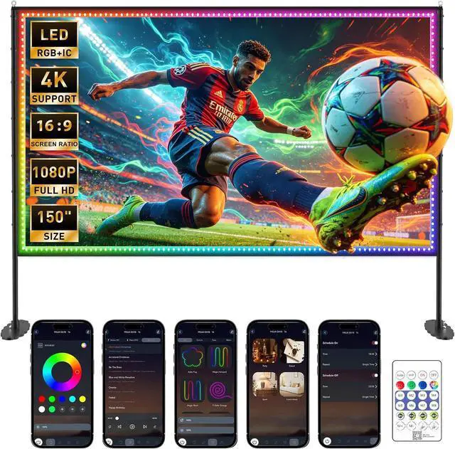 Main image of 150 inch Projector Screen with Stand, USB String Lights Connection 16:9 4K HD Portable Movie Screen Indoor Outdoor,Wrinkle-Free Foldable Projection Screen for Home Theater Backyard, Office, Travel