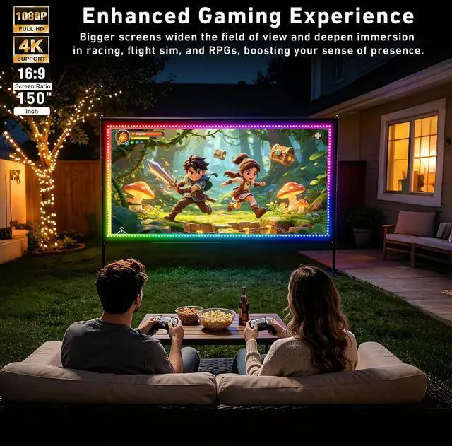 Alt view image 4 of 7 - 150 inch Projector Screen with Stand, USB String Lights Connection 16:9 4K HD Portable Movie Screen Indoor Outdoor,Wrinkle-Free Foldable Projection Screen for Home Theater Backyard, Office, Travel