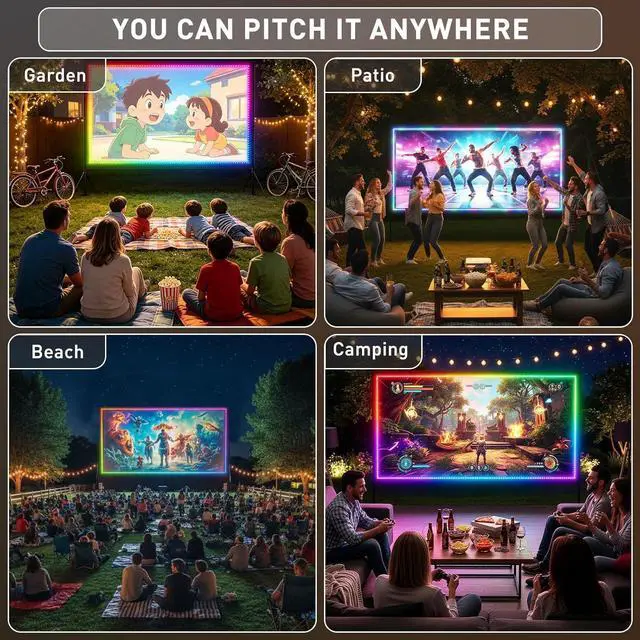 Alt view image 6 of 7 - 150 inch Projector Screen with Stand, USB String Lights Connection 16:9 4K HD Portable Movie Screen Indoor Outdoor,Wrinkle-Free Foldable Projection Screen for Home Theater Backyard, Office, Travel