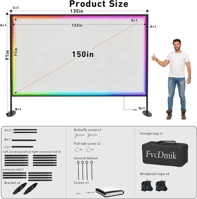 Alt view image 7 of 7 - 150 inch Projector Screen with Stand, USB String Lights Connection 16:9 4K HD Portable Movie Screen Indoor Outdoor,Wrinkle-Free Foldable Projection Screen for Home Theater Backyard, Office, Travel