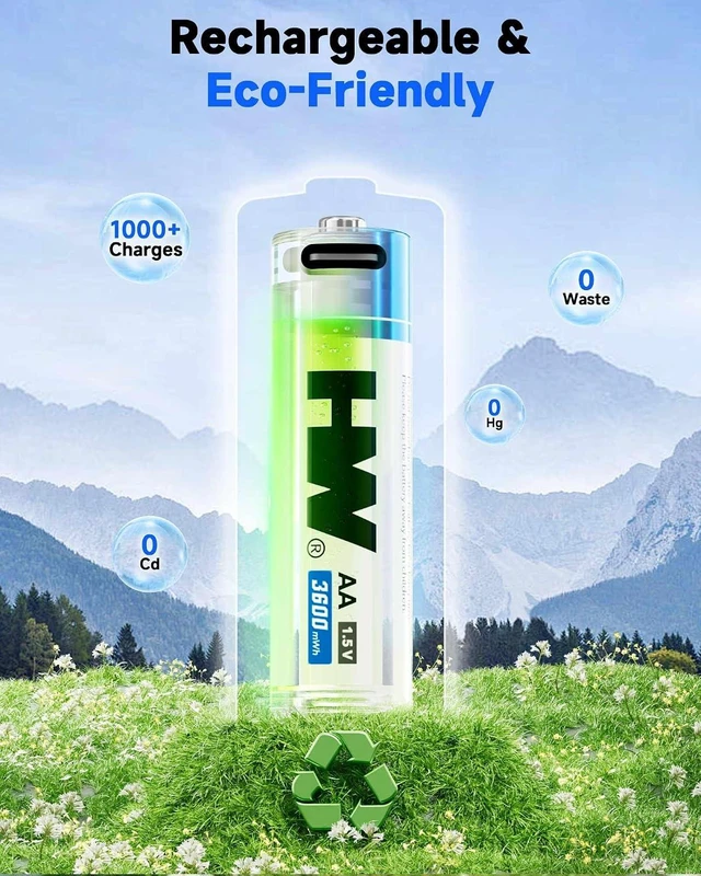 Alt view image 6 of 7 - HW Rechargeable AA Lithium Batteries 4-Pack, 1.5V 3600mWh USB-C