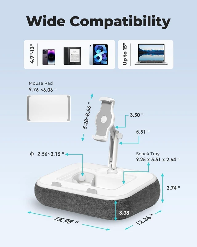 Alt view image 4 of 7 - Kindle Pillow Stand Holder & Phone Holder for Bed Laptop Lap Desk with Mouse Pad, Fits 4.7-13" Kindle/Tablet/Phone & 10-15" Laptop, Snack Bowl, Cup & Detachable 360° Stand Arm