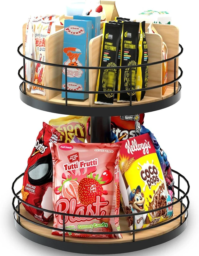 Main image of Snack Organizer - Versatile Snack Storage 2 Tier Lazy Susan with Convenient Grab-and-Go Design, Wood and Metal Snack Holder for Home, Office, Breakroom, 12.13" L x 12.13" W x 12.56" H