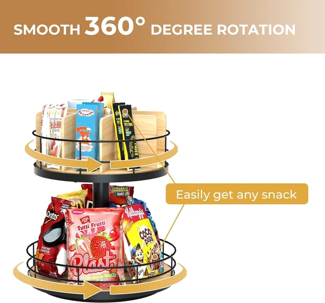 Alt view image 2 of 7 - Snack Organizer - Versatile Snack Storage 2 Tier Lazy Susan with Convenient Grab-and-Go Design, Wood and Metal Snack Holder for Home, Office, Breakroom, 12.13" L x 12.13" W x 12.56" H