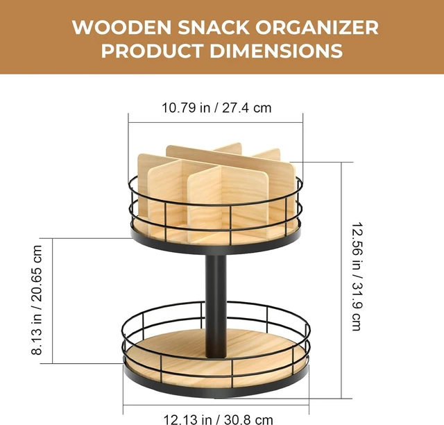 Alt view image 3 of 7 - Snack Organizer - Versatile Snack Storage 2 Tier Lazy Susan with Convenient Grab-and-Go Design, Wood and Metal Snack Holder for Home, Office, Breakroom, 12.13" L x 12.13" W x 12.56" H