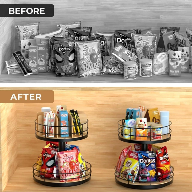 Alt view image 5 of 7 - Snack Organizer - Versatile Snack Storage 2 Tier Lazy Susan with Convenient Grab-and-Go Design, Wood and Metal Snack Holder for Home, Office, Breakroom, 12.13" L x 12.13" W x 12.56" H