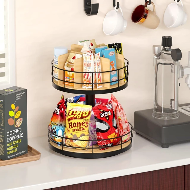 Alt view image 6 of 7 - Snack Organizer - Versatile Snack Storage 2 Tier Lazy Susan with Convenient Grab-and-Go Design, Wood and Metal Snack Holder for Home, Office, Breakroom, 12.13" L x 12.13" W x 12.56" H