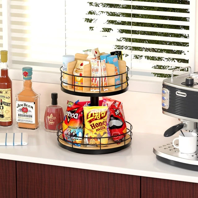Alt view image 7 of 7 - Snack Organizer - Versatile Snack Storage 2 Tier Lazy Susan with Convenient Grab-and-Go Design, Wood and Metal Snack Holder for Home, Office, Breakroom, 12.13" L x 12.13" W x 12.56" H
