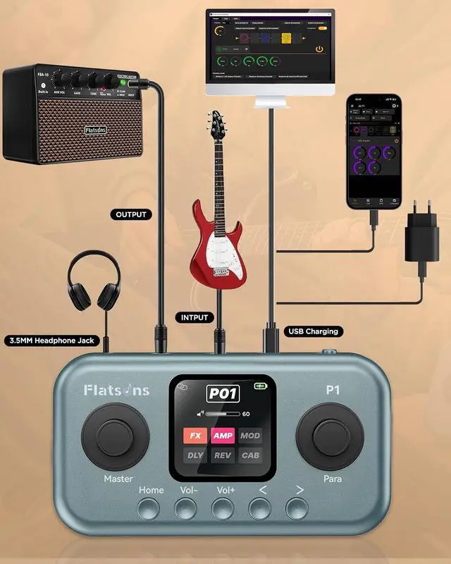 Alt view image 7 of 7 - P1 Portable Multi Effects Guitar Pedals, 80+ Effects, Rechargeable | Built-in Tuner Multi Effects Processor for Guitar/Bass,Amp Modeling, Mobile APP & PC Editing,OTG Recording & IR Loading