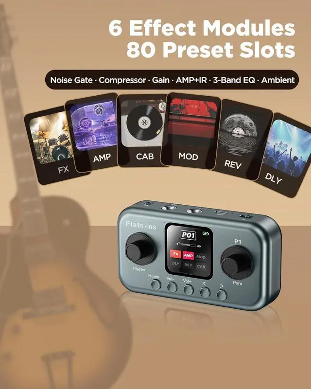 Alt view image 3 of 7 - P1 Portable Multi Effects Guitar Pedals, 80+ Effects, Rechargeable | Built-in Tuner Multi Effects Processor for Guitar/Bass,Amp Modeling, Mobile APP & PC Editing,OTG Recording & IR Loading