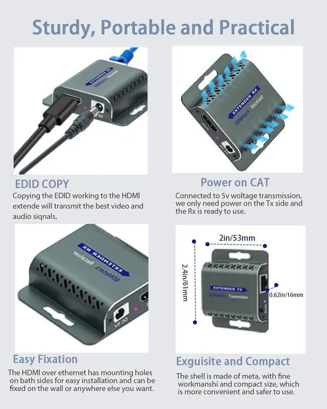 Alt view image 4 of 7 - HDMI Extender Over CAT5e/6,HDMI Over Ethernet,HD MI Over cat6 with 200 FT for 1080@60Hz,RJ45 to HD Converter Plug & Play with 5V Power Adapter