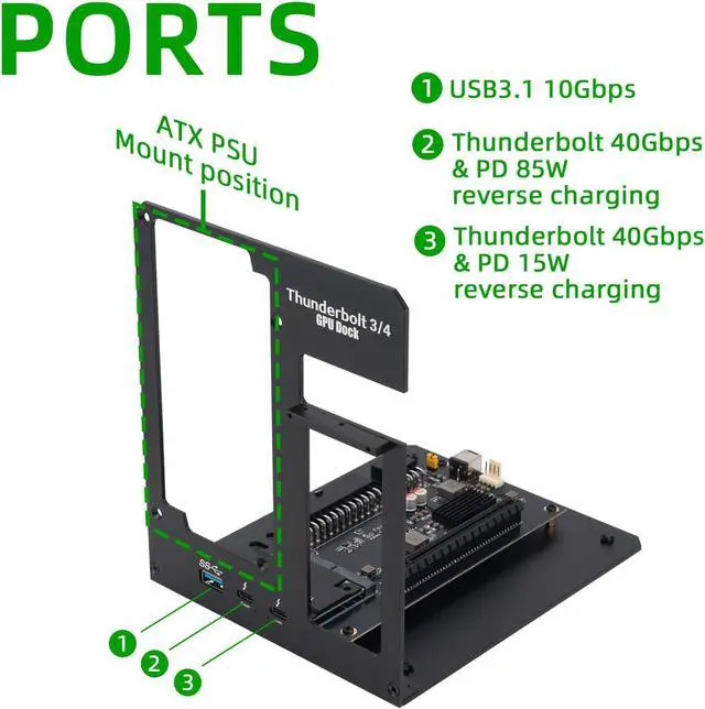 Alt view image 3 of 6 - Thunderbolt 3/4 eGPU Enclosure Compatible with USB4, Support NVIDIA AMD Graphics Card and PCIe Cards, Using ATX Power Supply, Support PD 85W Charging (VK-Y900)