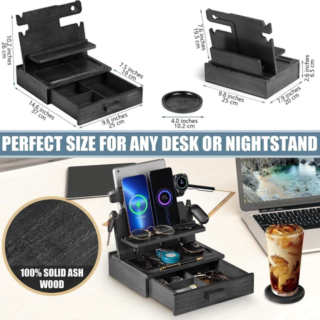 Alt view image 6 of 7 - Black Wood Phone Docking Station for Up to 3 Phones Samsung Galaxy Watch Compatible Nightstand Organizer with Drawer for Valuables, Holds Phones, Tablets, Keys, Rings, Glasses, EDC
