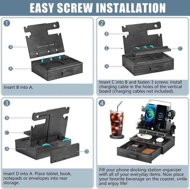 Alt view image 7 of 7 - Black Wood Phone Docking Station for Up to 3 Phones Samsung Galaxy Watch Compatible Nightstand Organizer with Drawer for Valuables, Holds Phones, Tablets, Keys, Rings, Glasses, EDC