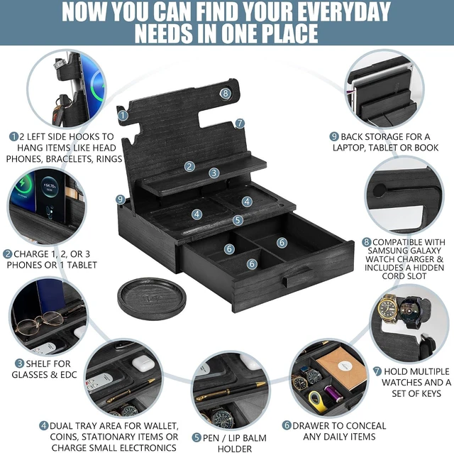 Alt view image 3 of 7 - Black Wood Phone Docking Station for Up to 3 Phones Samsung Galaxy Watch Compatible Nightstand Organizer with Drawer for Valuables, Holds Phones, Tablets, Keys, Rings, Glasses, EDC