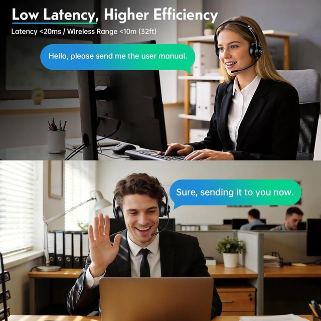 Alt view image 5 of 7 - Dual-Mode Wireless Headset with Mic for Work 50H Talk