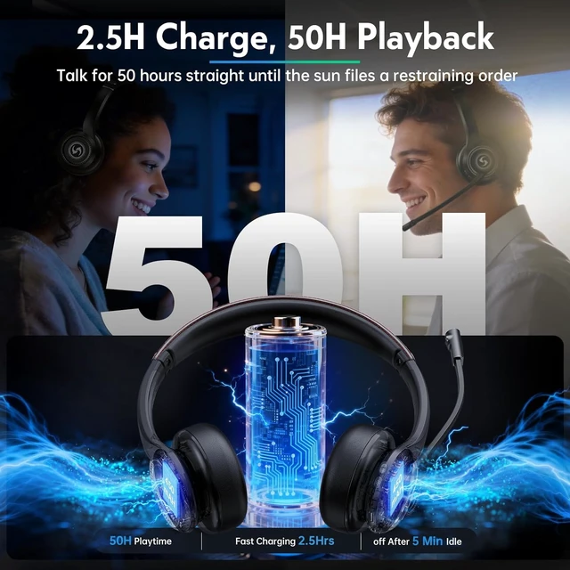 Alt view image 6 of 7 - Dual-Mode Wireless Headset with Mic for Work 50H Talk