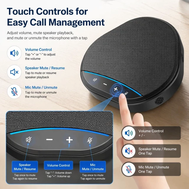 Alt view image 5 of 7 - USB Speakerphone for PC Conference Speaker & Microphone, Plug and Play, AI Noise Reduction & Echo Cancellation, Touch Controls, One-Tap Mute, LED Indicator for Computer Desktop