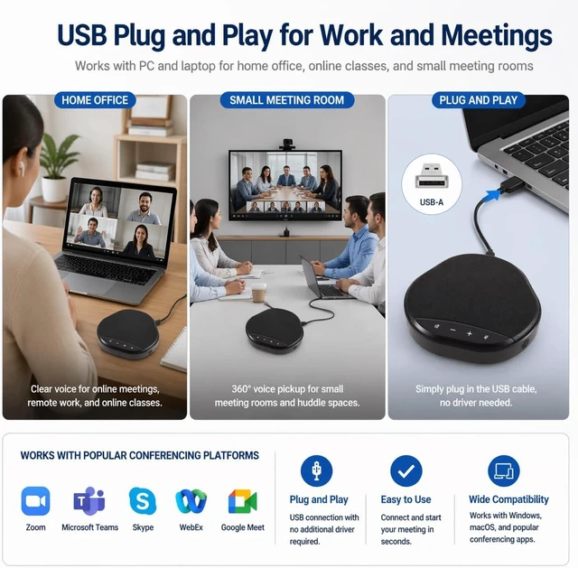 Alt view image 7 of 7 - USB Speakerphone for PC Conference Speaker & Microphone, Plug and Play, AI Noise Reduction & Echo Cancellation, Touch Controls, One-Tap Mute, LED Indicator for Computer Desktop