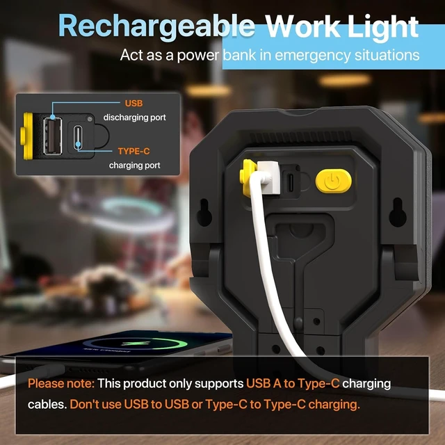 Alt view image 4 of 7 - 2-Pack Rechargeable 40W 4000-Lumen Magnetic Work Light Hanging Hook & Folding Bracket, Job Site Lighting for Car Repair, Camping & Hurricane